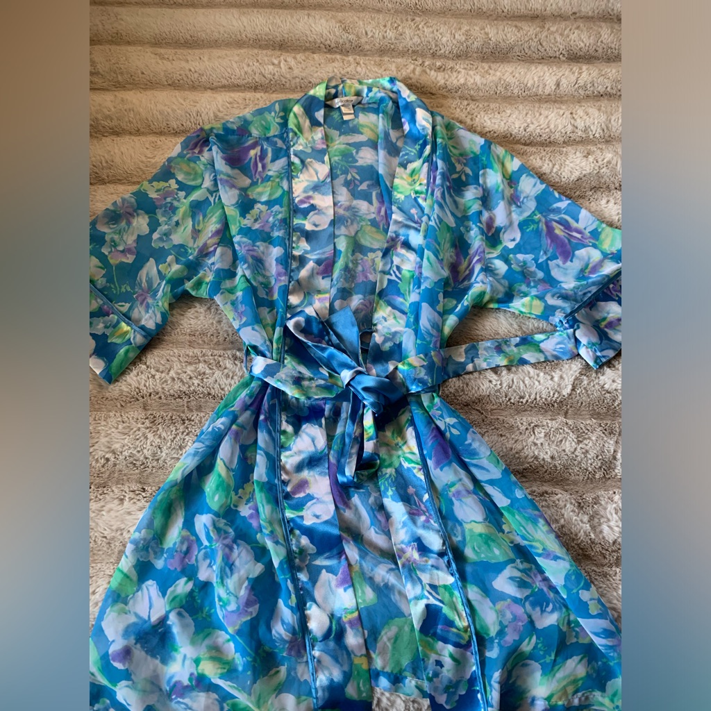 Delicates Floral Printed Silky Robe-Euc